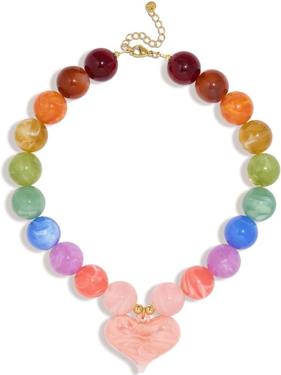 Women Anthropologie Multicolor Bead Necklace with Pink Heart Pendant